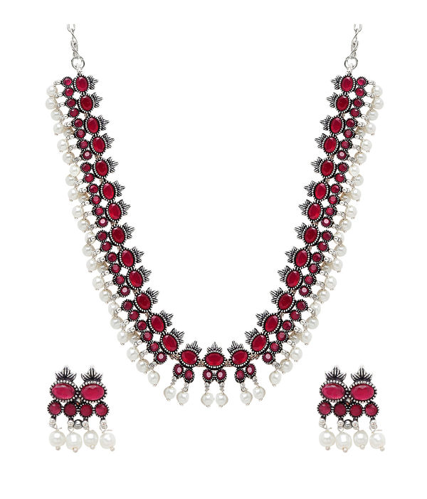 YouBella Jewellery Oxidised Silver Necklace Jewellery Set with Earrings for Girls and Women (Red) (YBNK_50524)